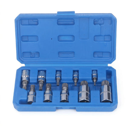Triple Square Spline Bit Socket Set with Storage Box | 10 Pcs M4-M18 Sizes